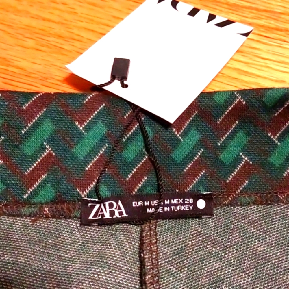 ZARA green high waisted flared jacquard pants Sz M NWT - Picture 3 of 7